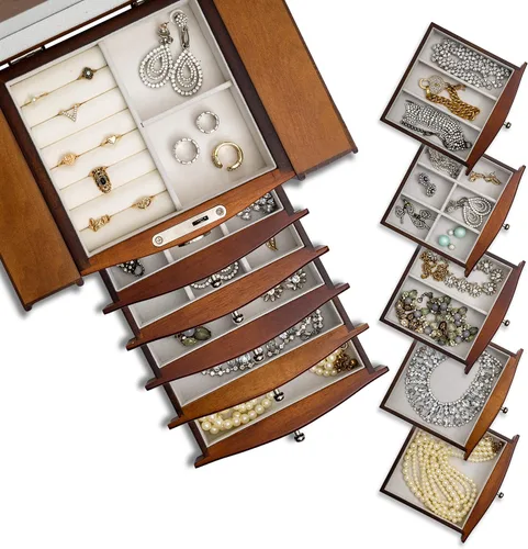 Vista 3 de Rowling Joyero grande de madera, aretes, collar, pulseras, organizador de 6 cajones M10 (marrón)