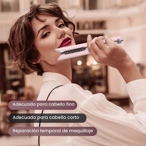 Vista 7 de Plancha sin cable, mini alisador de pelo y rizador para llevar (rosa)