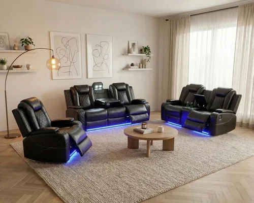 Vista 21 de Juego de sofá reclinable eléctrico con LED, juego de sofá de cuero transpirable para sala de estar, juego de sofá reclinable con puerto USB, Negro