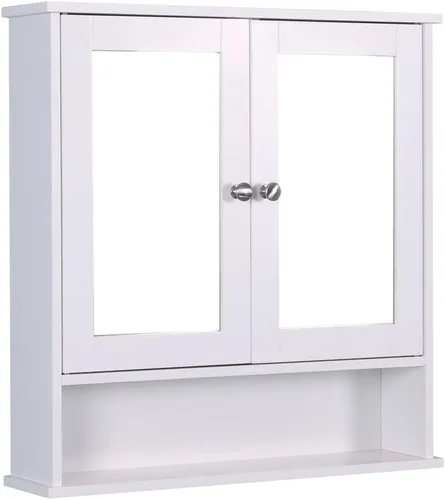 Vista 2 de Botiquín de baño montado en la pared con puertas de espejo dobles, Armario de baño colgante de madera con puertas y estantes, gabinete de espejo