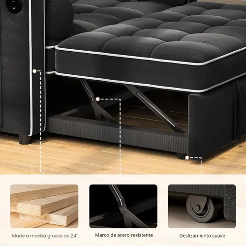 Vista 4 de Pipishell Sofá cama 3 en 1, sofá cama extraíble para sala de estar con puertos USB y bolsillos laterales, respaldo ajustable, sofá biplaza