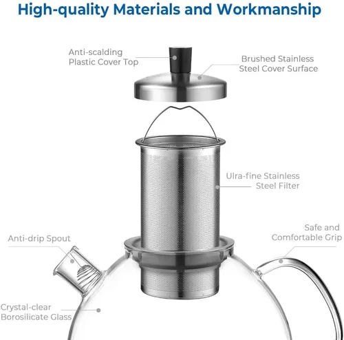 Vista 4 de Tetera de vidrio grande XL de 67 onzas con infusor apta para estufa, teteras para vaso de té suelto, tetera de vidrio para estufa, tetera