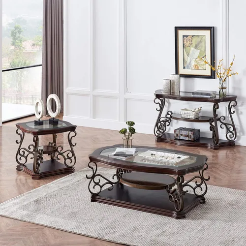 Vista 3 de SSLine Mesa auxiliar de madera vintage, elegante mesa de cóctel rectangular curvada con parte superior de vidrio templado y estante de mármol, mesas
