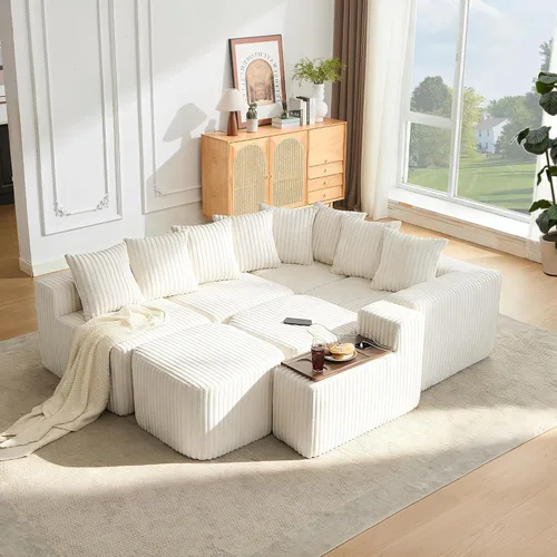 Vista 2 de Sofá seccional de 137.5 pulgadas, sofás modulares sin hueso para sala de estar, cómodo sofá de pana de felpa de asiento profundo, moderno sofá