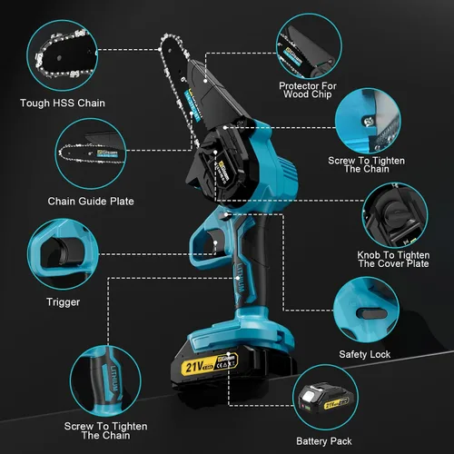 Vista 7 de Mini motosierra inalámbrica sin escobillas, motosierra eléctrica de mano de 6 pulgadas con 2 baterías y engrasador automático, herramienta