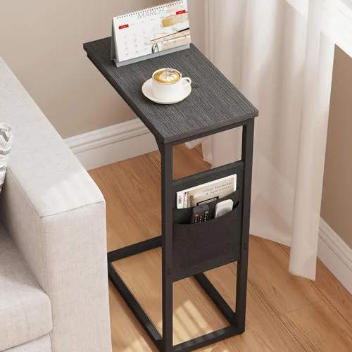 Vista 6 de TUTOTAK - Mesa auxiliar en forma de C, mesa lateral para sofá, mesa de sofá con bolsa de almacenamiento, bandeja para TV para sala de estar, Negro