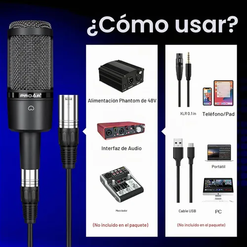 Vista 5 de Micrófono de condensador XLR, micrófono profesional de grabación de estudio para computadora PC, kit de micrófono cardioide para podcast con brazo