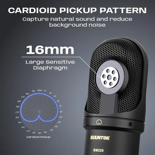 Vista 3 de SUUNTOK Micrófono de condensador XLR, micrófono de grabación con soporte de choque, kit de micrófono de estudio en casa para voz en off Negro