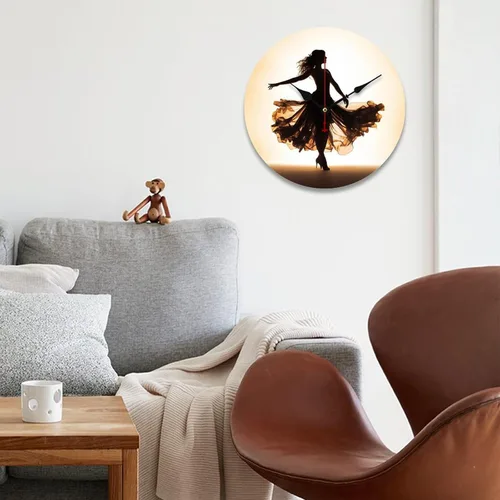 Vista 4 de Reloj de pared de bailarín, reloj de pared redondo retro de madera, silencioso, sin tictac, funciona con pilas, relojes de pared de 10 pulgadas