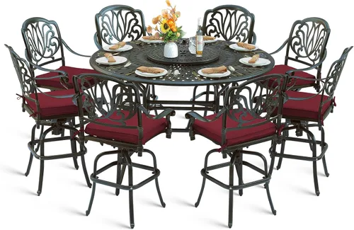 Vista 27 de Juego de barra para exteriores de 10 piezas, muebles de bar de aluminio fundido para todo tipo de clima con 8 taburetes de bar giratorios Bronce