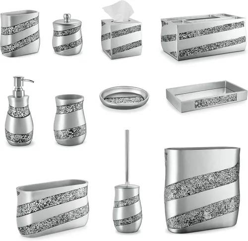 Vista 8 de Creative Scents Dispensador de jabón líquido de mosaico plateado para baño, dispensador de loción decorativo, dispensador de jabón de encimera