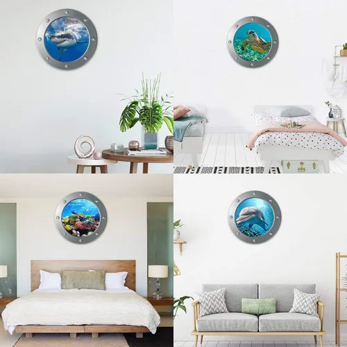 Vista 3 de Calcomanías adhesivas redondas 3D para ventana de ojo de buey de 11 pulgadas, tema oceánico (tortuga marina, tiburón, delfín), calcomanías vinuales