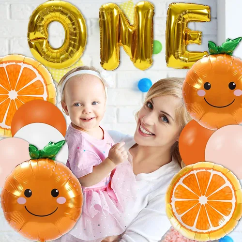 Vista 5 de Whaline 30 piezas de suministros de decoración de primer cumpleaños naranja Little Cutie número uno, globo de letra UNO, globos naranjas, globos