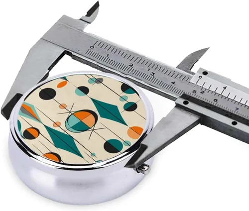 Vista 4 de Pastillero redondo con estampado geométrico de mediados de siglo, 3 compartimentos, pastillero portátil para medicina diaria, suplemento vitamínico