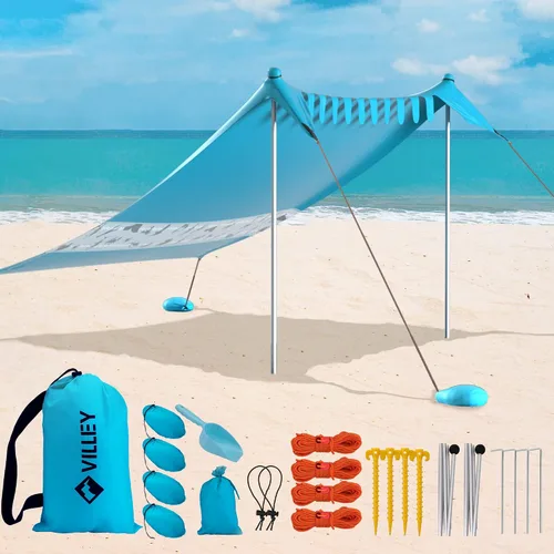 Vista 9 de Villey Tienda de campaña de playa con protección UPF50+, parasol portátil de 8 x 7 pies con 2 postes de estabilidad, 8 clavijas de tierra, 4 sacos
