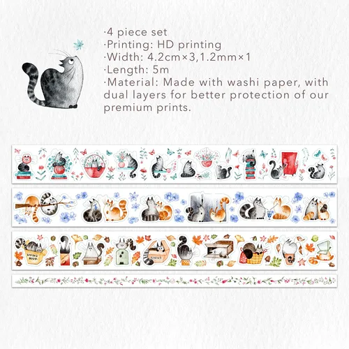 Vista 2 de WT Chonky Cat Washi - Juego de calcomanías de cinta Washi, 4 rollos, diseños originales, calcomanía decorativa de acuarela de lindo gato, calcomanía