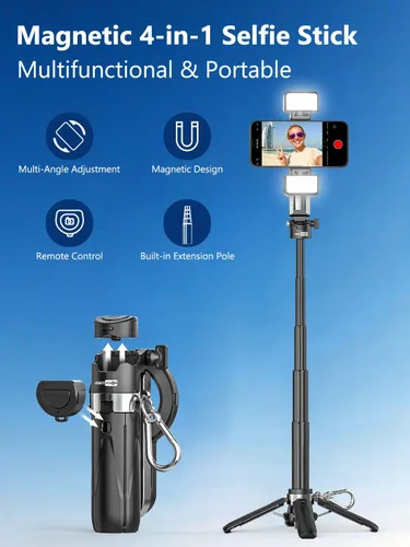Vista 3 de USKEYVISION Palo selfie de bolsillo magnético para iPhone con luz para MagSafe 4 en 1, trípode portátil de bolsillo para iPhone y Android