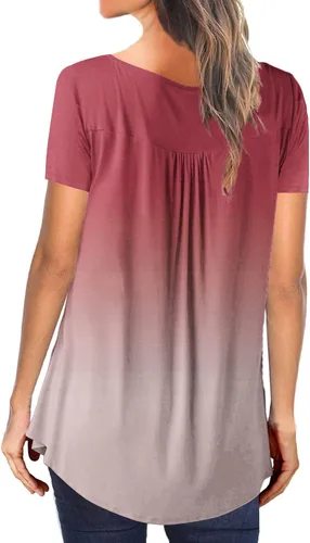 Vista 6 de Gradient Loose Fit Long Tee Shirts for Ladies Summer Fall Short Sleeve Crew Neck Pleated Tops Shirts Women 2024