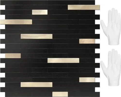 Vista 22 de STICKGOO Azulejo de protección contra salpicaduras para despegar y pegar, para cocina y baño, aspecto de madera negra y gris, PVC, mezcla de metal