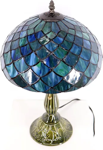 Vista 2 de Tiffany Style Stained Glass Table Lamp 18.5 Inch - Blue Fish Scales 12X12X18.5 Inch, E26 Bulb Base，Pull Chain Switch, Ceramic Base, Bedside