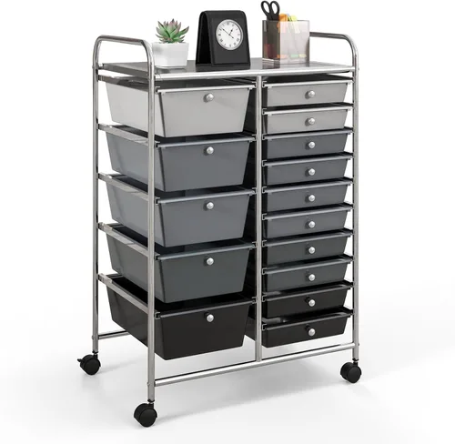 Vista 23 de GOFLAME Carrito de almacenamiento rodante de 9 cajones, carrito de utilidad móvil con cajones extraíbles y marco de metal, carrito organizador
