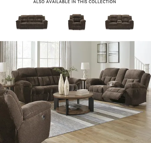 Vista 6 de Signature Design by Ashley Frohn - Sofá biplaza reclinable doble manual moderno con consola, almacenamiento y portavasos, color marrón oscuro