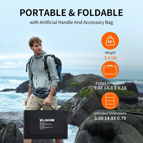 Vista 5 de Panel solar portátil de 60 W, paneles solares plegables de 60 vatios con cargadores QC3.0 USB-A USB-C DC5521, IP67 impermeable, energía