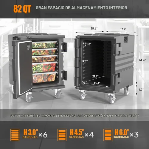 Vista 6 de ROVSUN Caja Calentadora de Alimentos, Porta Comida Aislada con Ruedas Bloqueables Dobles Hebilla y Asas, Cajas Calientes Apilables para Restaurante