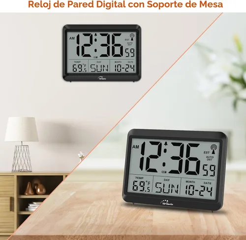 Vista 7 de WallarGe - Reloj de pared digital atómico, funciona con pilas, autoconfiguración, pantalla grande con temperatura, fecha, día de la semana, reloj