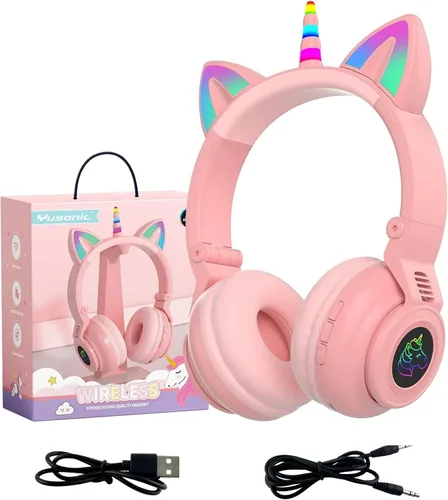 Vista 13 de Auriculares de unicornio para niñas, auriculares Bluetooth de unicornio para niños pequeños, portátil, teléfonos celulares, uso en avión Negro