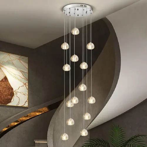 Vista 14 de Candelabro de cristal LED moderno, lámpara colgante de gota de lluvia, lámpara de techo de bola de cristal, 14 luces para escalera, sala de estar