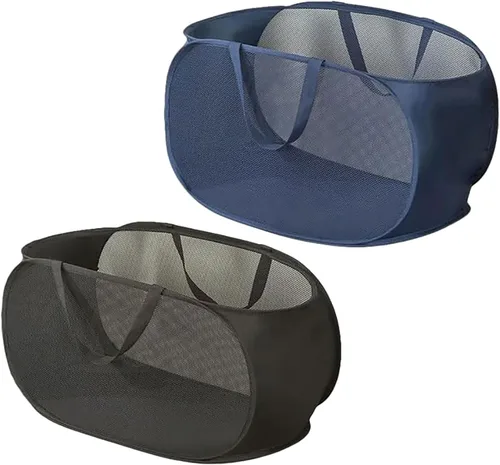 Vista 10 de 2 Piezas Cesta de Ropa Sucia Desplegable de Malla con Asas Duraderas Cestas de Lavandería Plegables Cesta de Ropa Plegable de Pástico para Cuarto