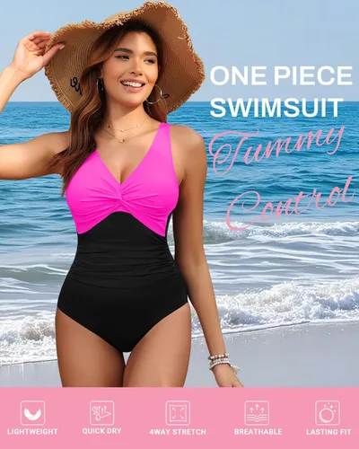 Vista 4 de Traje de baño de una pieza con control de abdomen para mujer Rosado intenso y negro