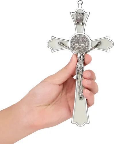 Vista 8 de VINETEN Crucifijo de pared esmaltado azul - Cruz de pared de metal de San Benito, cruz de arte para dar bendición y lo sagrado espiritual, regalo