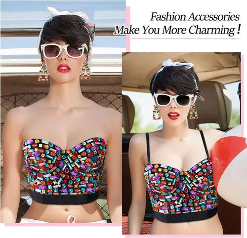 Vista 7 de Rhinestone Push up Bra Clubwear Colorful Beaded Bustier Crop Top Bra Crystal Rectangle Dangle Earrings, Run Small 1 or 2