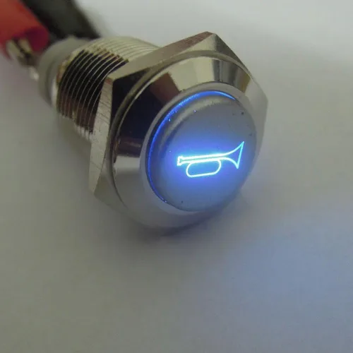 Vista 5 de ESUPPORT Botón de contacto momentáneo, para bocina, claxon, con luz LED azul, de 12V, para auto, vehículo, interruptor de palanca de metal, 19mm