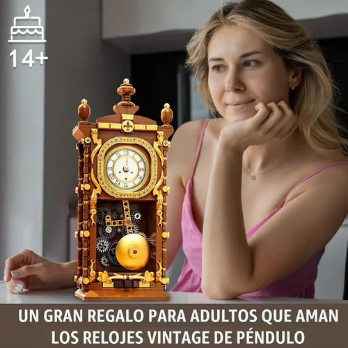 Vista 5 de Vziimo Juego de bloques de construcción de reloj retro, kit de modelo de reloj de péndulo vintage con reloj funcional real, juguetes de regalo