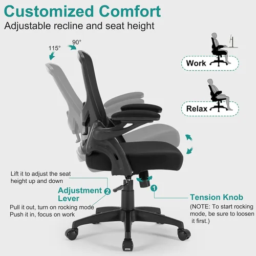 Vista 4 de Silla de oficina, silla de escritorio ergonómica con soporte lumbar ajustable, silla de computadora de malla transpirable con reposabrazos