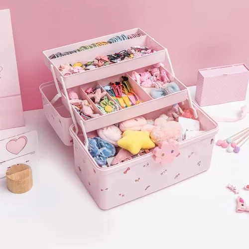 Vista 6 de MASKMELLOW Shapeazy - Organizador de accesorios para el cabello para niñas, caja de plástico de 3 capas con bandeja plegable y asa, contenedor
