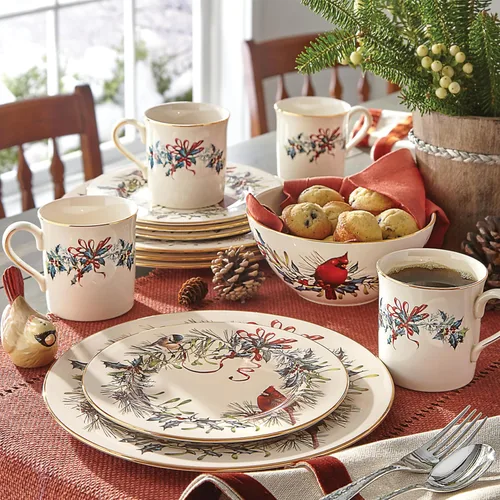 Vista 3 de Lenox 6122055 Winter Greetings - Juego de vajilla de 12 piezas, rojo y verde, Navidad, alojamiento de vacaciones, servicio para 4 personas