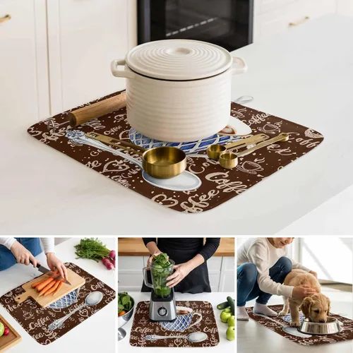Vista 8 de Tapete de secado de platos con temática de café para encimera de cocina, almohadillas de microfibra para tazas de café, rústicas, estilo rústico