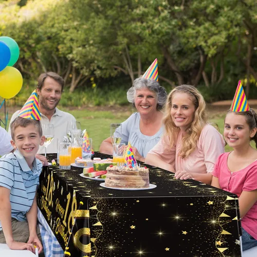 Vista 7 de durony Paquete de 2 manteles de cumpleaños de 18 años, de plástico, color negro y dorado, impermeable, rectangular, para fiestas en interiores