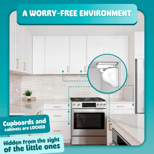 Vista 4 de Booboo Baby Cerraduras magnéticas de seguridad para niños con 4 cerraduras + 1 llave, a prueba de bebés para cocina, armarios y cajones, instalación