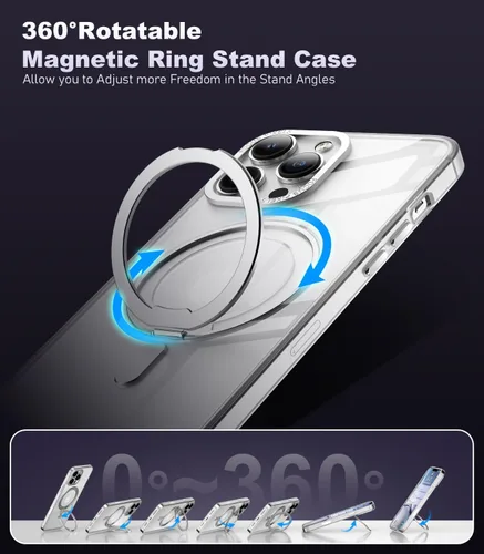 Vista 3 de IKARY Funda con anillo giratorio de 360° para iPhone 13 y iPhone 14 con soporte magnético/invisible compatible con Magsafe militar estándar contra