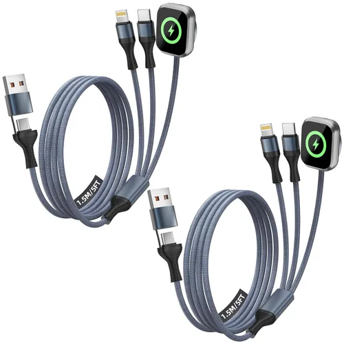 Vista 18 de Travel Essentials - Cable de carga múltiple 4 en 1 para cargador de reloj de iPhone, USB A a doble tipo C/IP/iWatch, cargadores de viaje