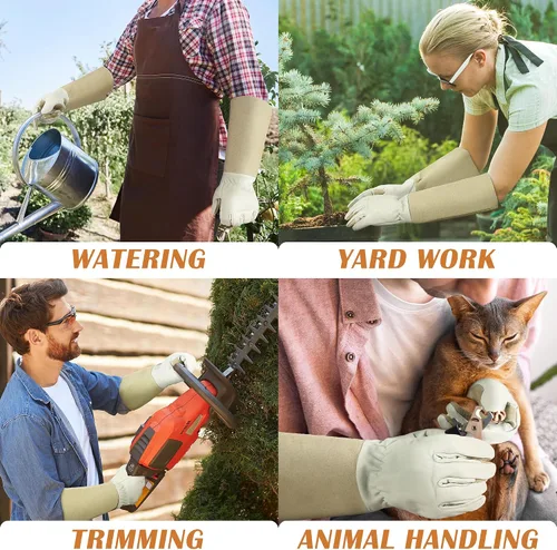 Vista 6 de HANDLANDY Guantes de poda largos para hombres y mujeres, de piel de cerdo, guantes de jardinería de rosas, guantes transpirables y duraderos