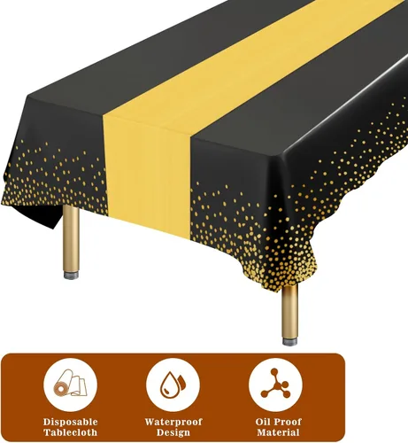 Vista 4 de Paquete de 12 manteles rectangulares de plástico negro desechables y satinados, mantel rectangular negro y dorado para cumpleaños, aniversario