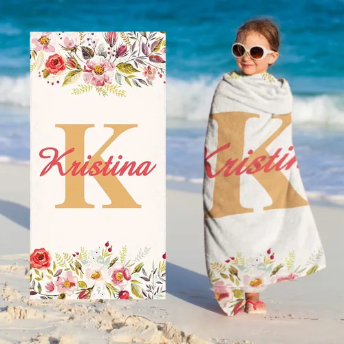 Vista 11 de Toallas de playa personalizadas para bebé niña con nombre para niños y adultos, toalla de baño de algodón con flores de acuarela personalizadas