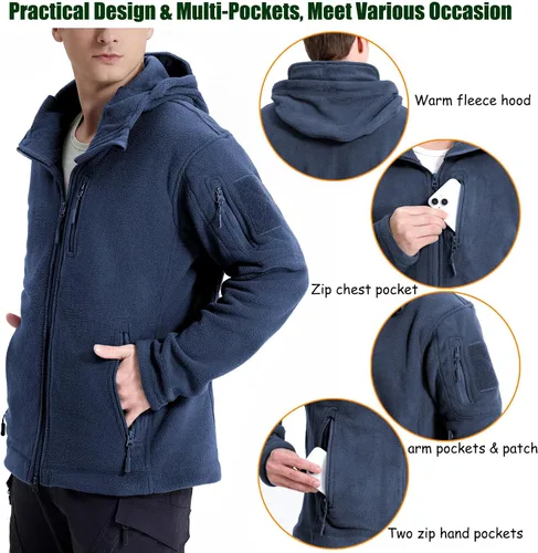 Vista 4 de CARWORNIC Chamarras tácticas de forro polar con capucha para hombre, con cremallera completa, para invierno, cálido, militar, para senderismo