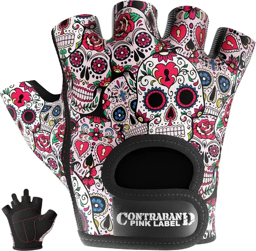 Vista 10 de Contraband Pink Label 5237 – Guantes de levantamiento de pesas con calavera, para mujer, Serie Design (1 par), Gris, M